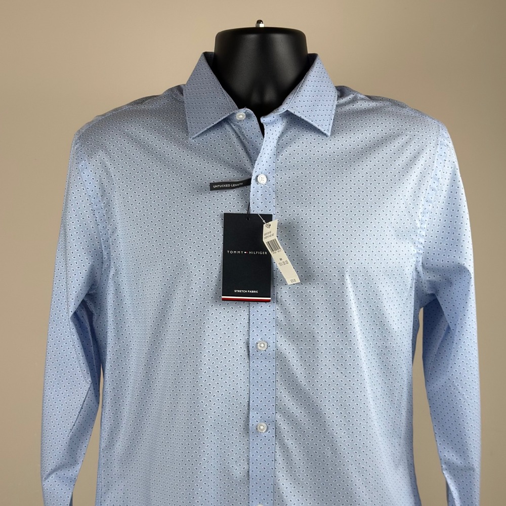 Tommy Hilfiger Mens Slim Fit Stretch Paisley Shirt Blue Untucked 15.5 32-33 NEW